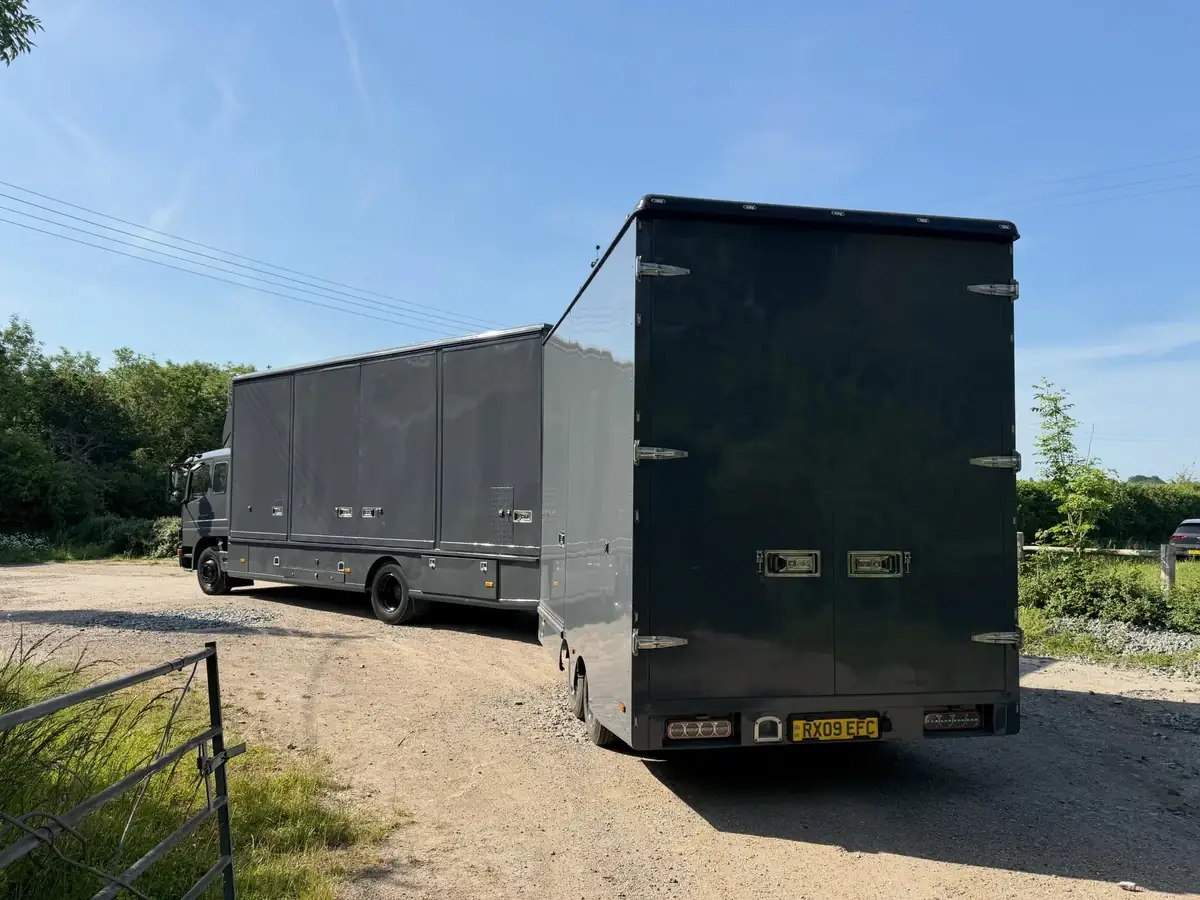 The rear of our lorry and its detachable drawbar trailer, used for transporting antiques