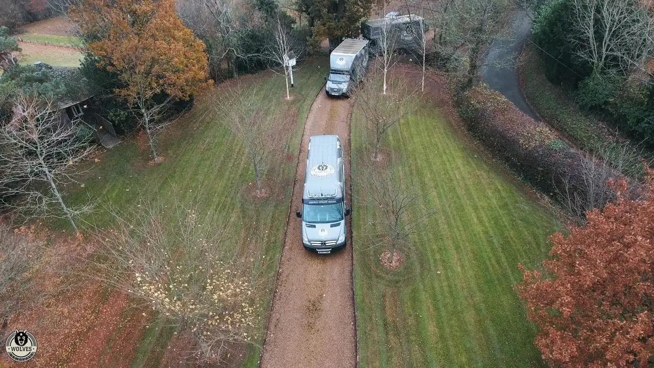 Drone view of a removal van on a country driveway, Worthing