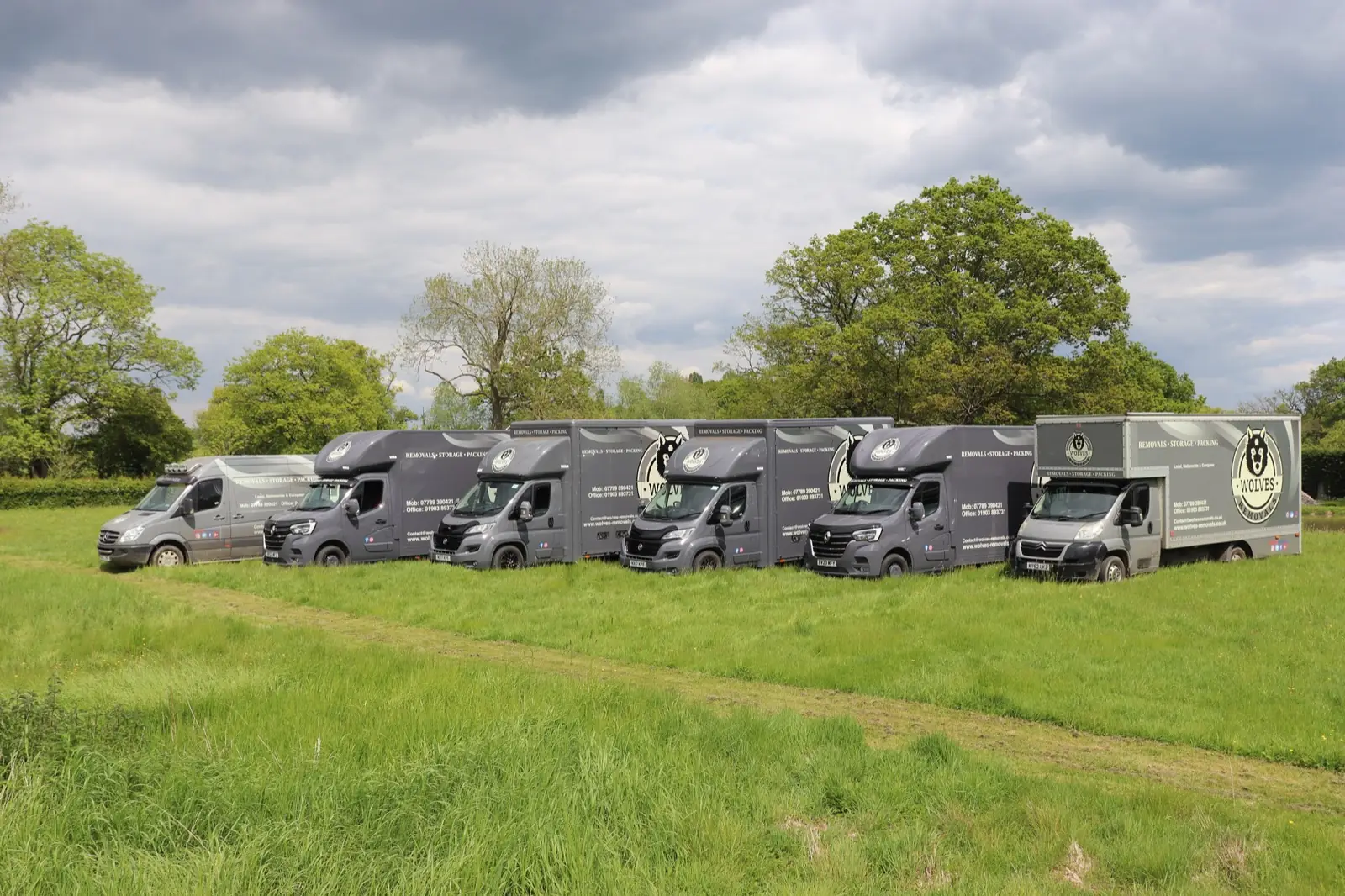 Removal vans and lorries parked in a field in Cranleigh