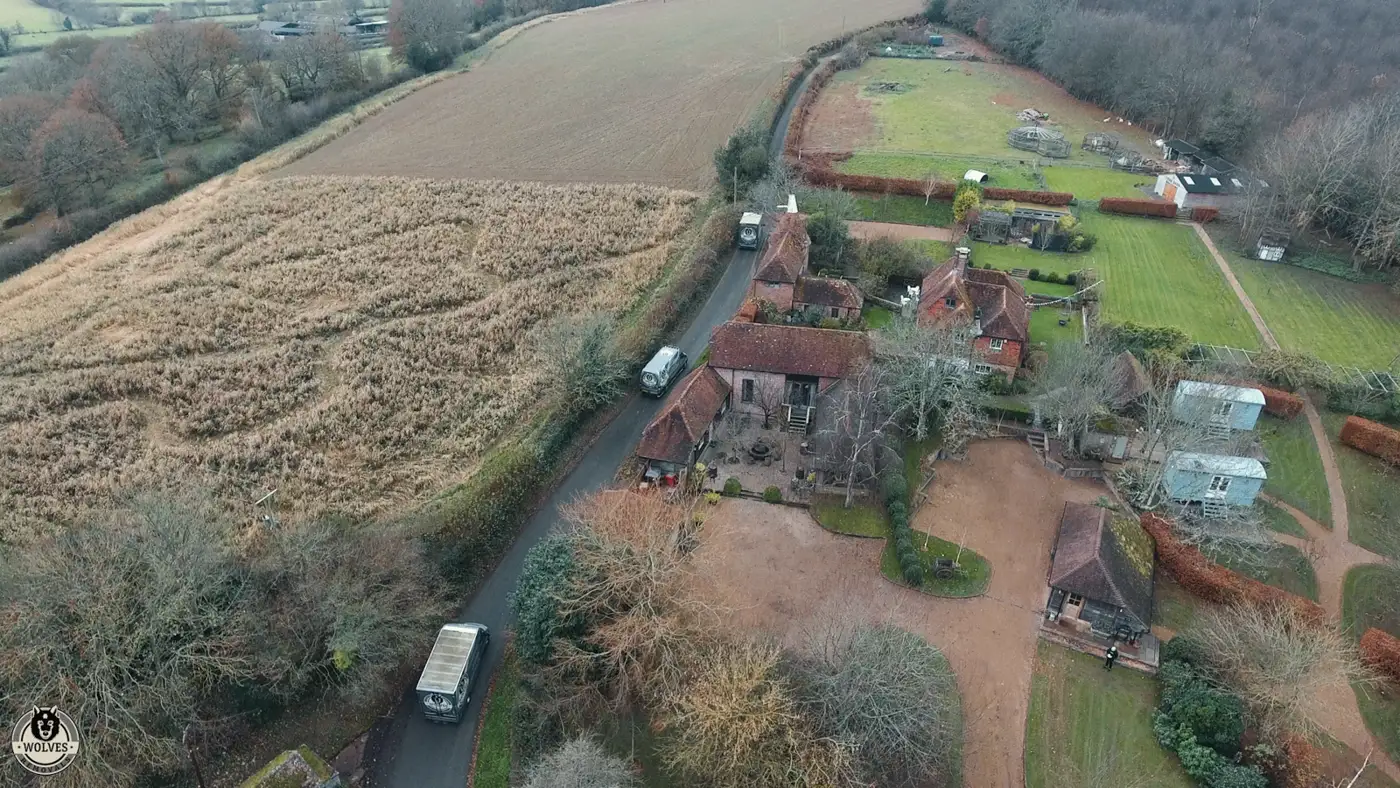Aerial view of a rural property and countryside