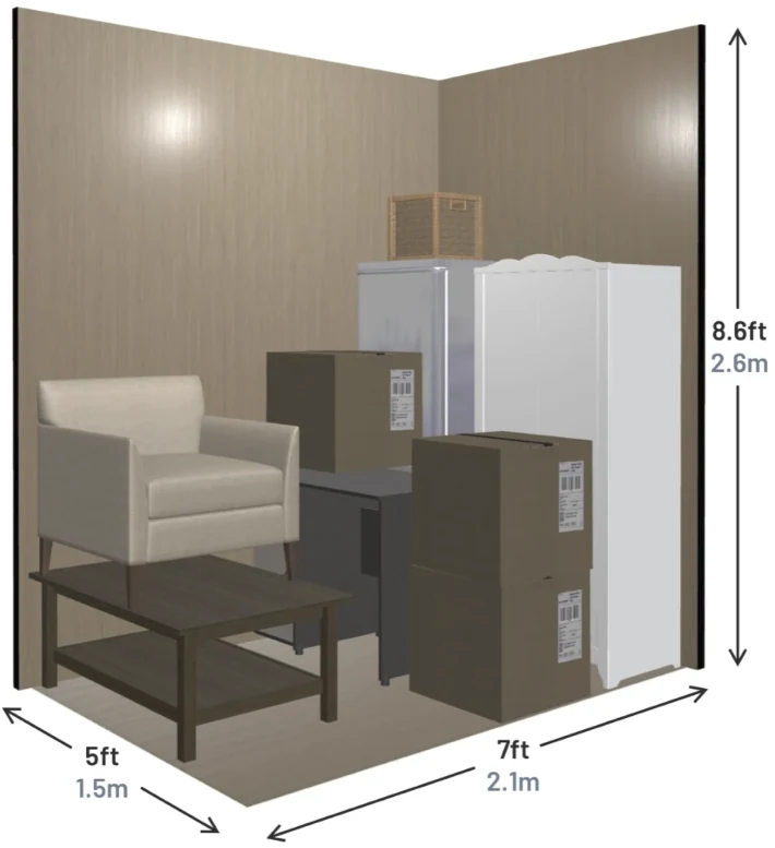 Wolves Removals storage pod size guide showing what fits in a 5ft by 7ft by 8.6ft pod