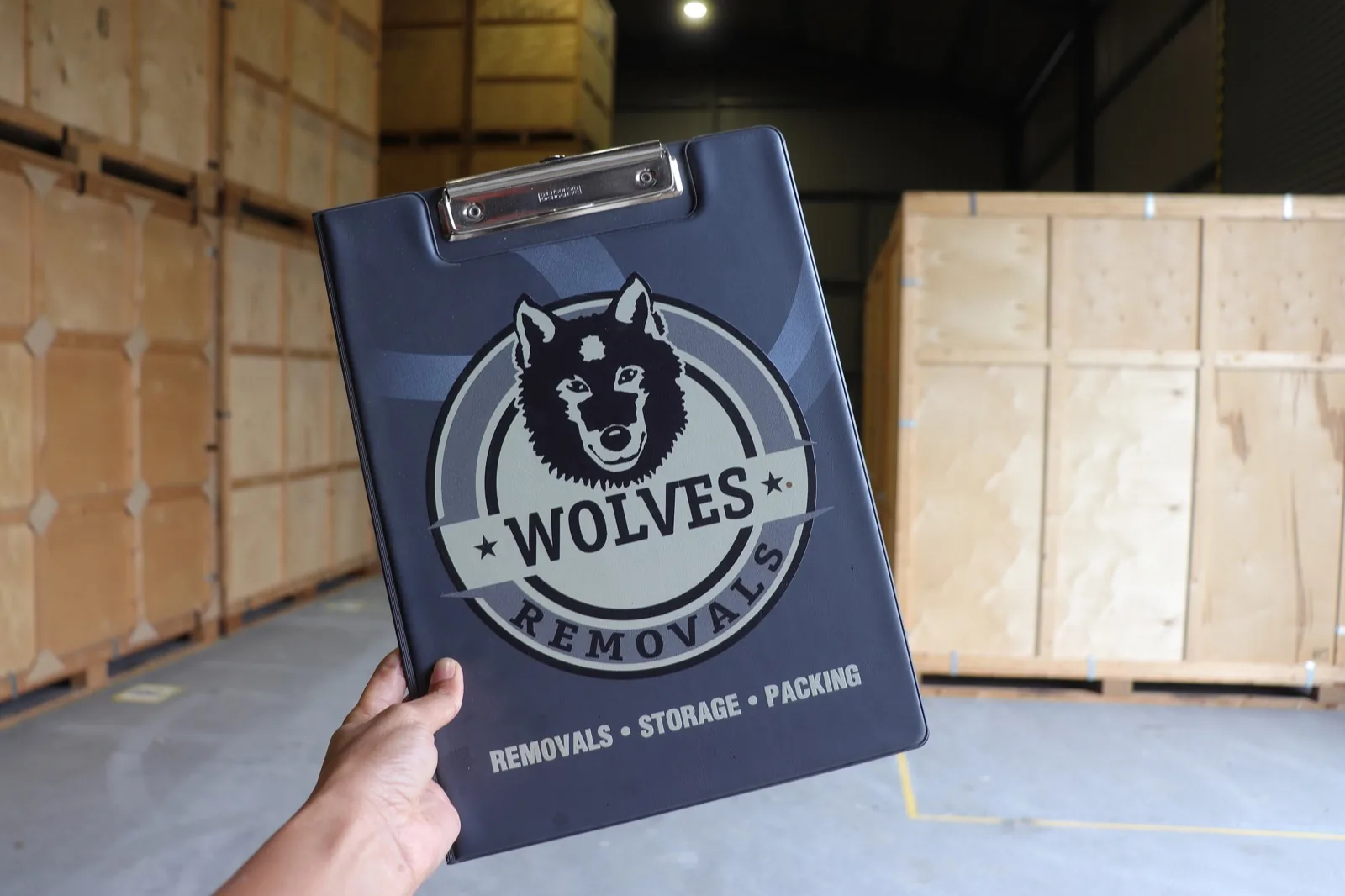 Wolves clipboard in storage warehouse