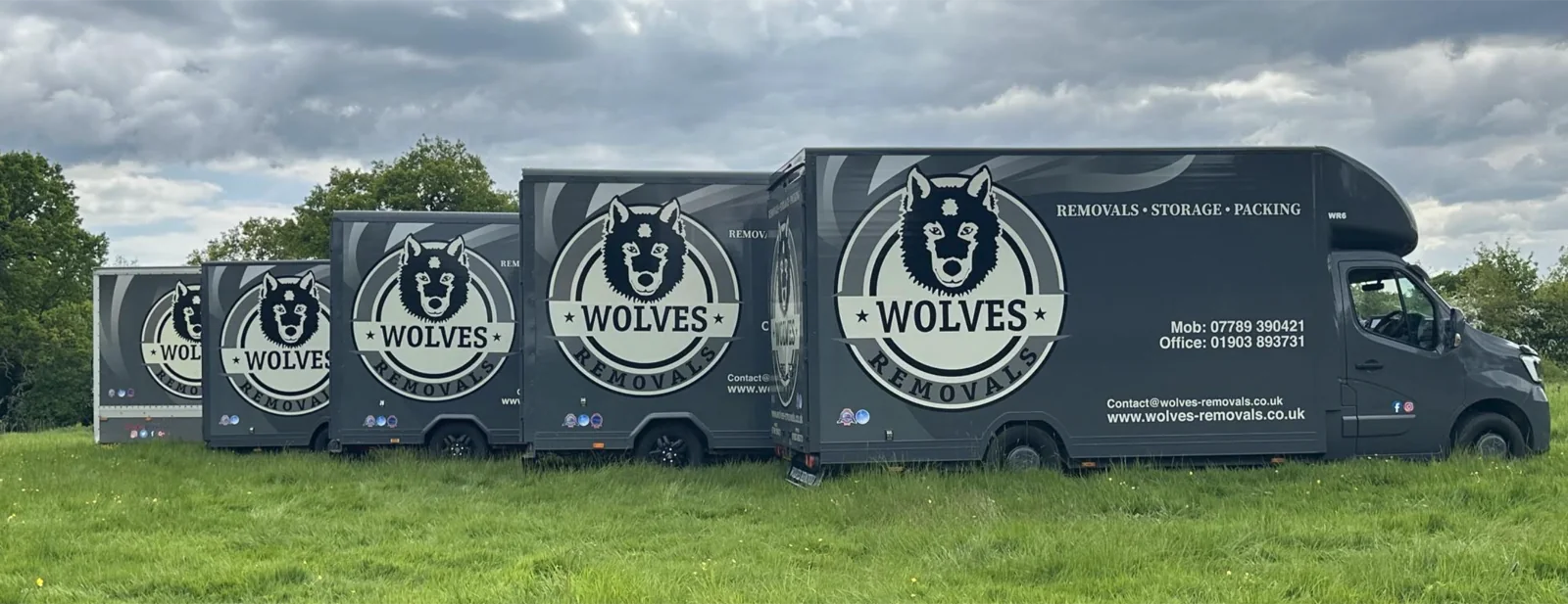 The Wolves Removals fleet of vans and Luton lorries lined up in a Sussex field