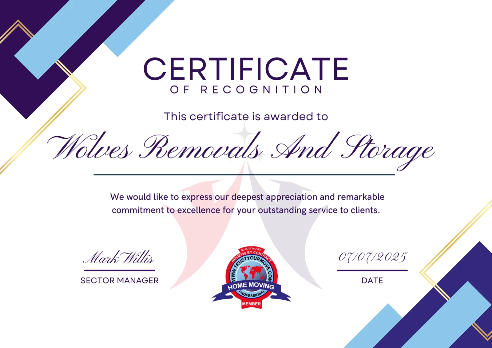Wolves removals storage certificate recognition