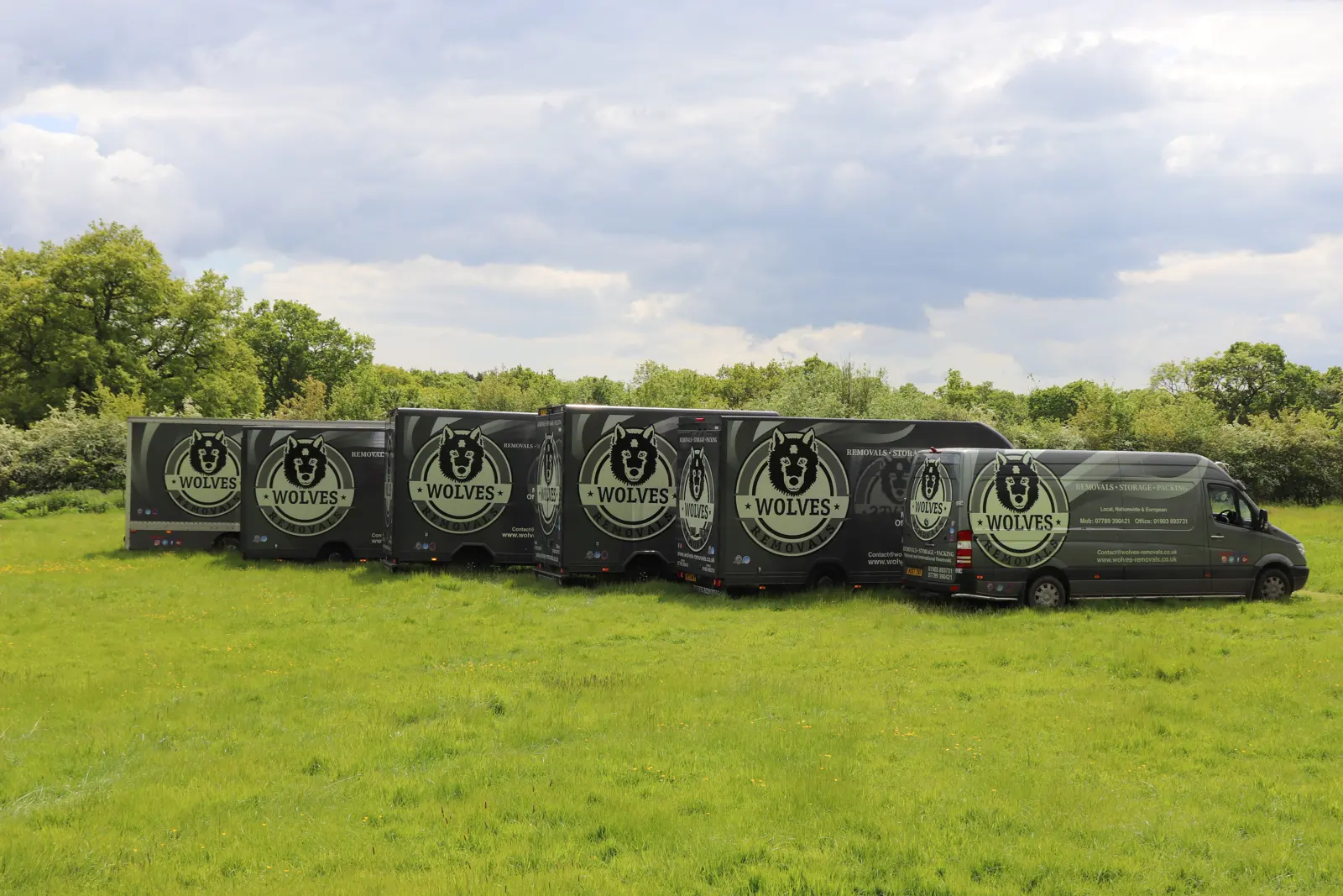 Wolves van fleet parked in a field, Eastbourne